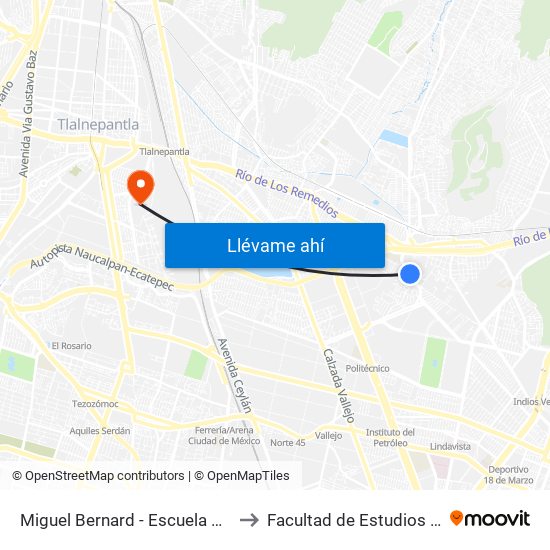 Miguel Bernard - Escuela Superior de Turismo Ipn to Facultad de Estudios Superiores Iztacala map