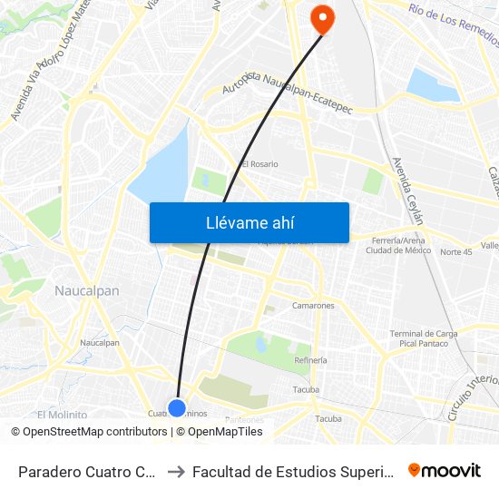 Paradero Cuatro Caminos 4 to Facultad de Estudios Superiores Iztacala map