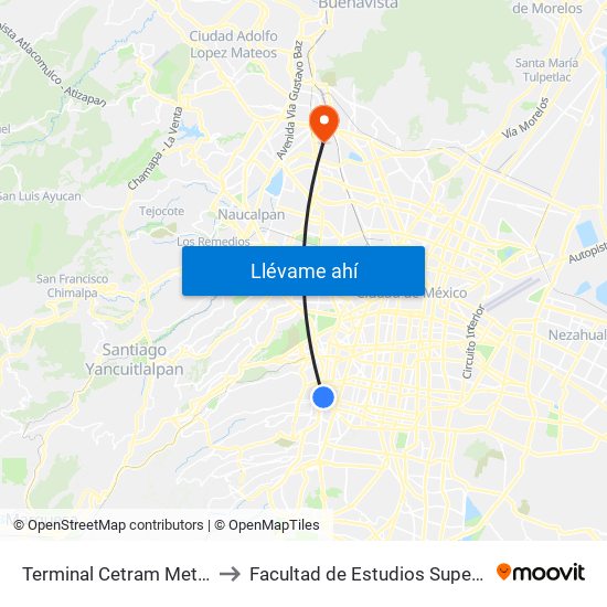 Terminal Cetram Metro Mixcoac to Facultad de Estudios Superiores Iztacala map