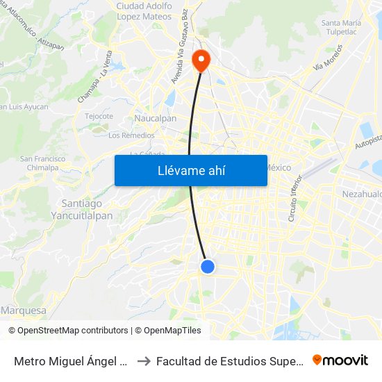 Metro Miguel Ángel de Quevedo to Facultad de Estudios Superiores Iztacala map