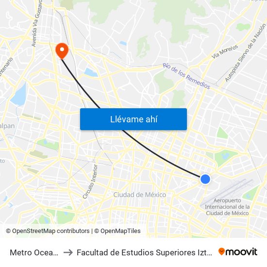 Metro Oceanía to Facultad de Estudios Superiores Iztacala map