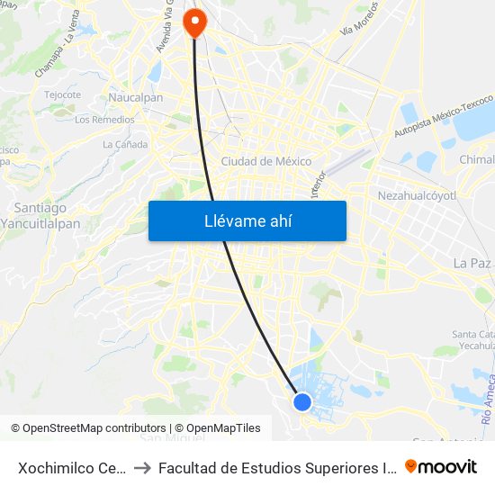 Xochimilco Centro to Facultad de Estudios Superiores Iztacala map
