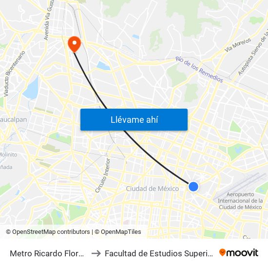 Metro Ricardo Flores Magón to Facultad de Estudios Superiores Iztacala map