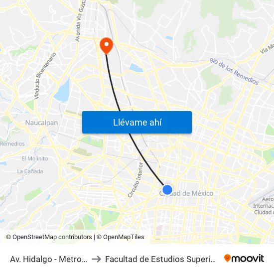 Av. Hidalgo - Metro Hidalgo to Facultad de Estudios Superiores Iztacala map