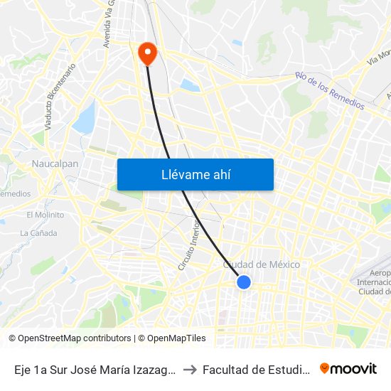 Eje 1a Sur José María Izazaga - Eje Central Lázaro Cardenas to Facultad de Estudios Superiores Iztacala map
