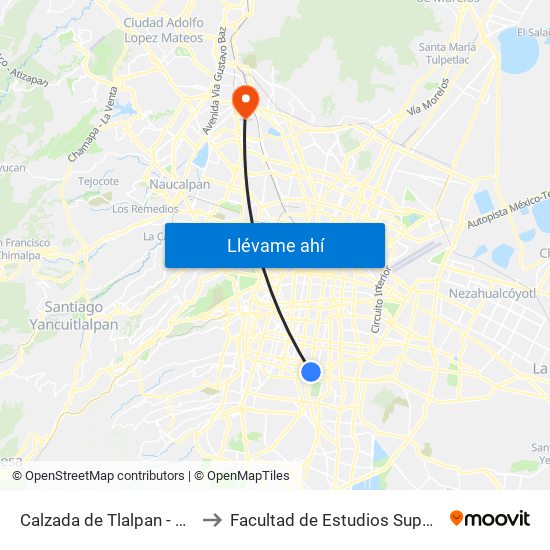 Calzada de Tlalpan - Metro Ermita to Facultad de Estudios Superiores Iztacala map