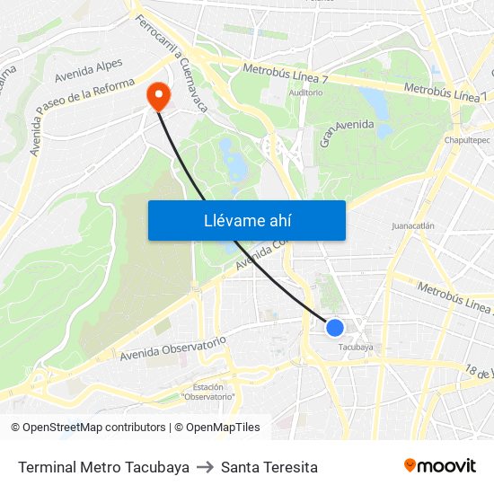 Terminal Metro Tacubaya to Santa Teresita map