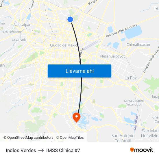 Indios Verdes to IMSS Clínica #7 map