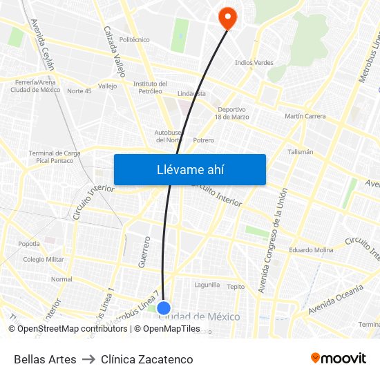 Bellas Artes to Clínica Zacatenco map