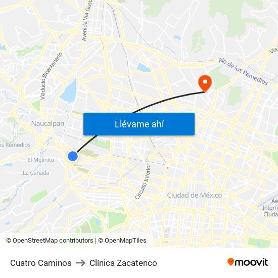 Cuatro Caminos to Clínica Zacatenco map