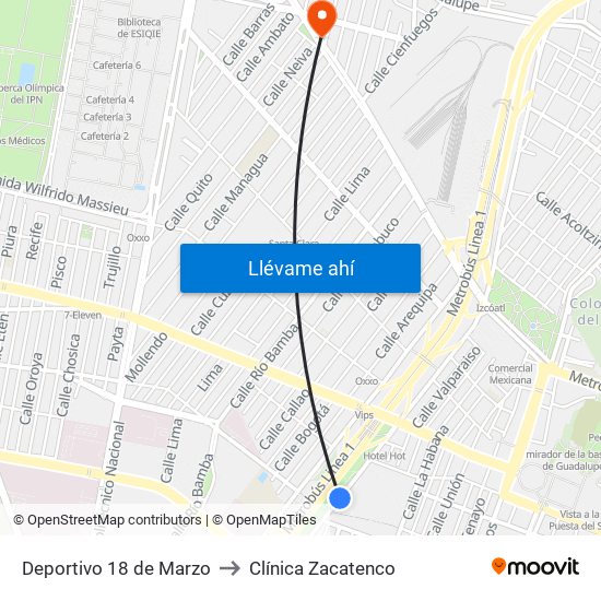 Deportivo 18 de Marzo to Clínica Zacatenco map