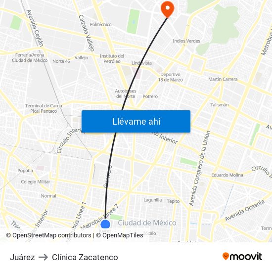 Juárez to Clínica Zacatenco map