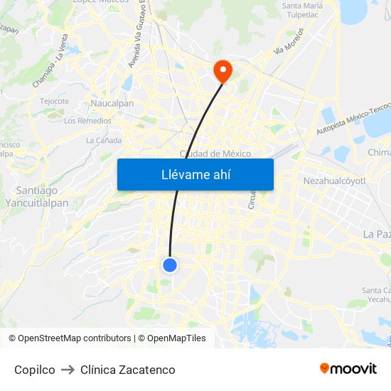 Copilco to Clínica Zacatenco map