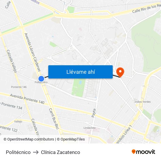 Politécnico to Clínica Zacatenco map