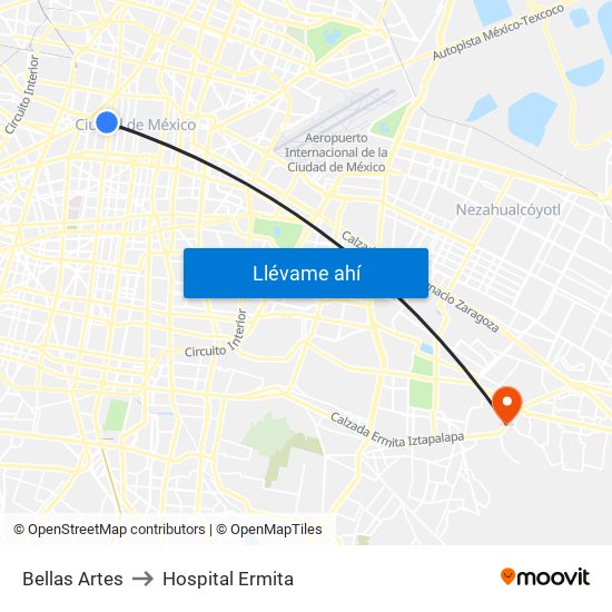Bellas Artes to Hospital Ermita map