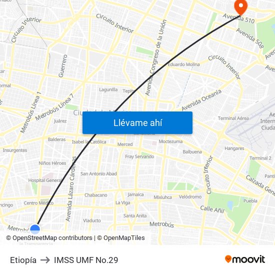 Etiopía to IMSS UMF No.29 map