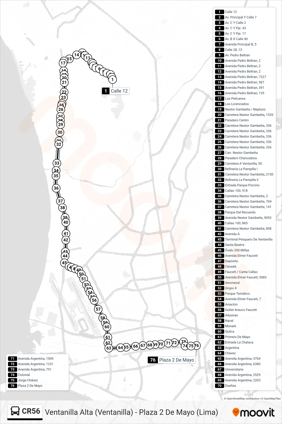 CR56 bus Line (Ventanilla Alta (Ventanilla) - Plaza 2 De Mayo (Lima)) route and stops on a map