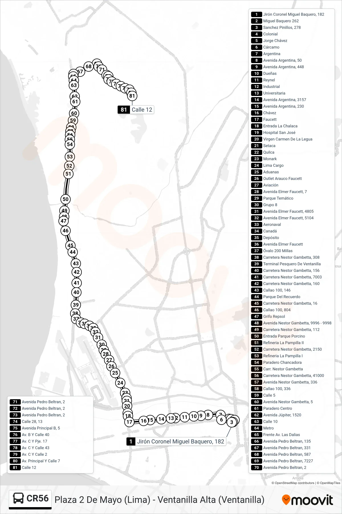 CR56 bus Line (Plaza 2 De Mayo (Lima) - Ventanilla Alta (Ventanilla)) route and stops on a map