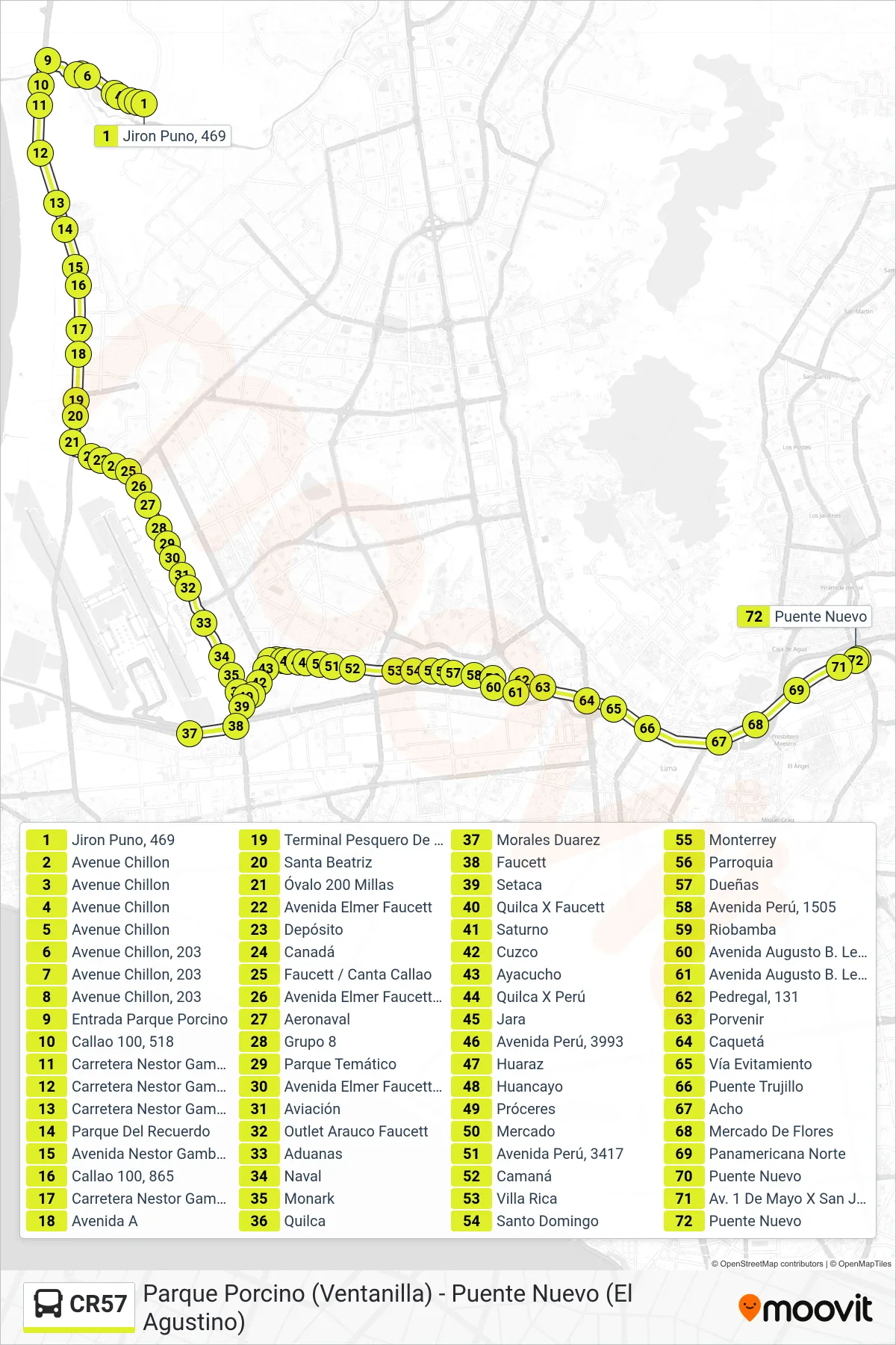 CR57 bus Line (Parque Porcino (Ventanilla) - Puente Nuevo (El Agustino)) route and stops on a map