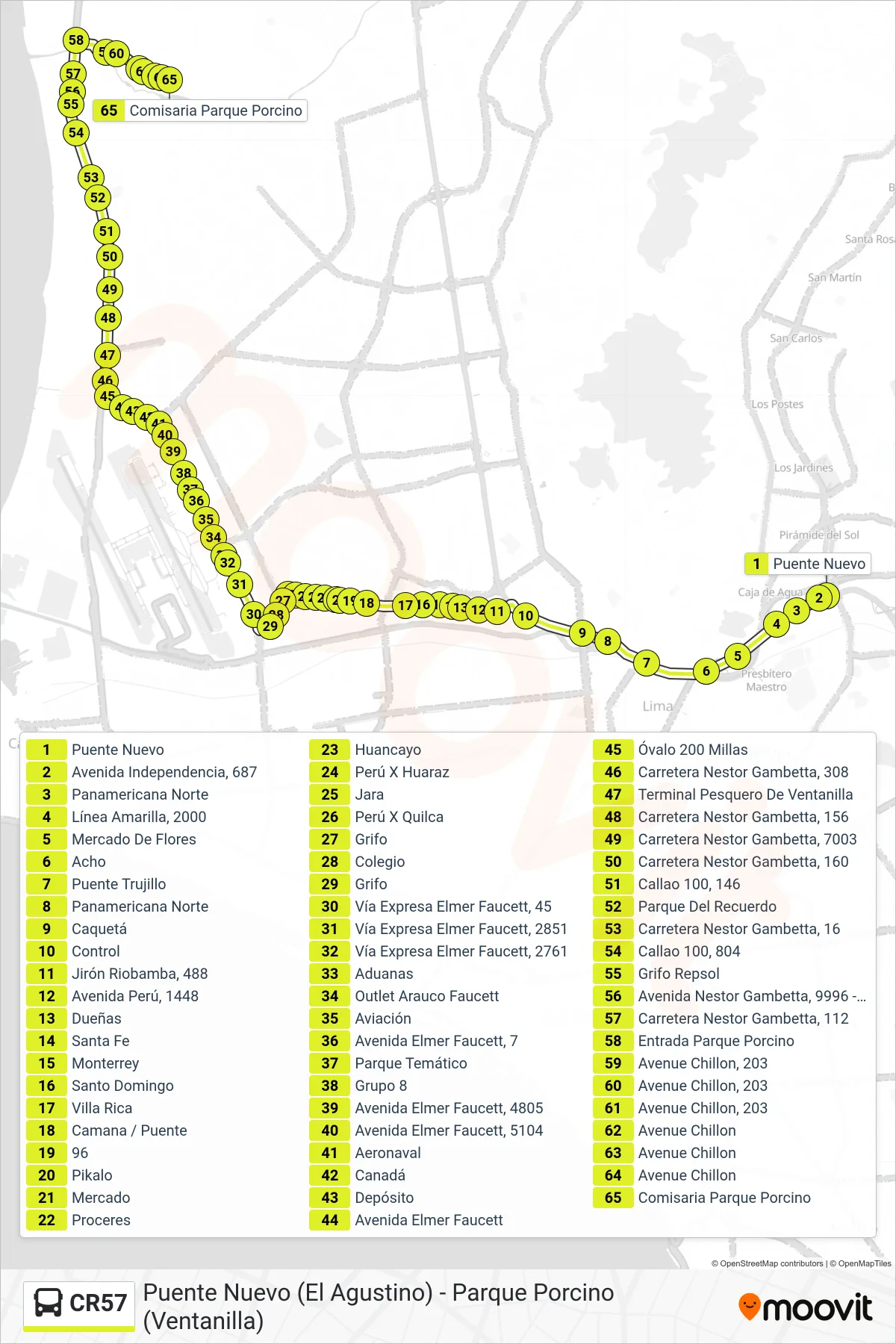 CR57 bus Line (Puente Nuevo (El Agustino) - Parque Porcino (Ventanilla)) route and stops on a map