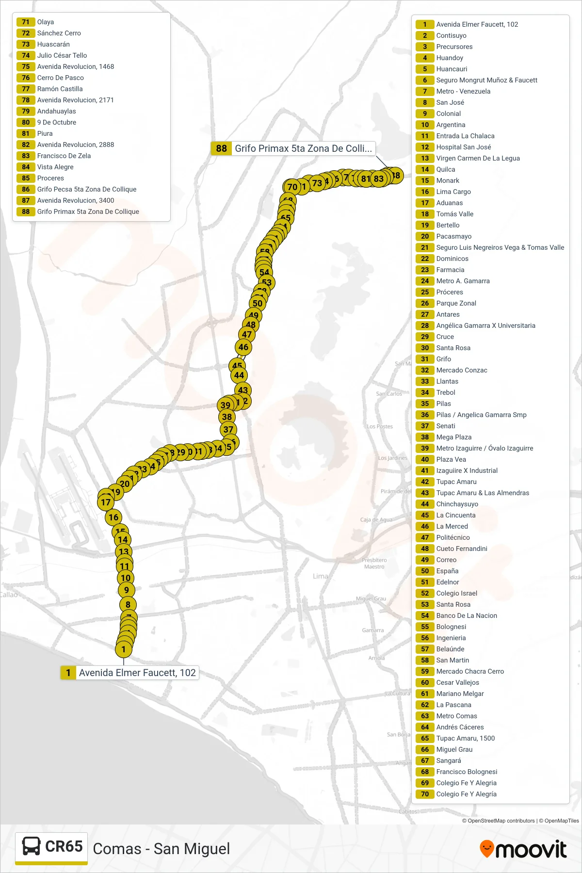 CR65 bus Line (Comas - San Miguel) route and stops on a map
