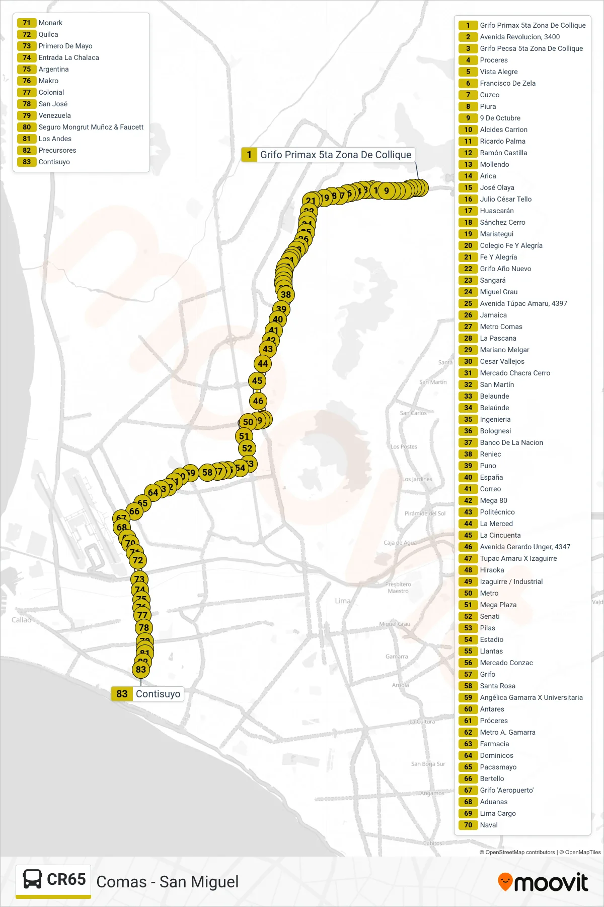 CR65 bus Line (Comas - San Miguel) route and stops on a map