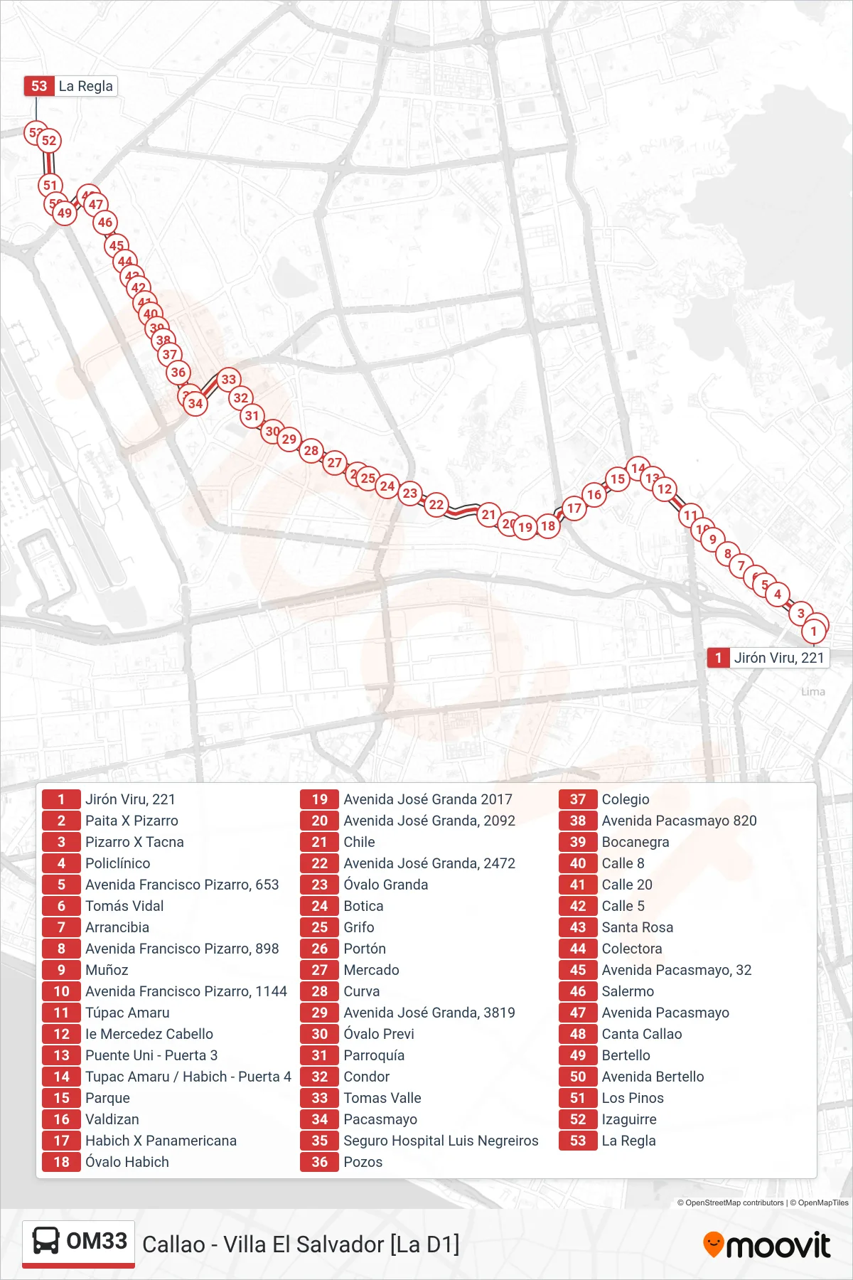 OM33 bus Line (Filadelfia IV (Callao)) route and stops on a map