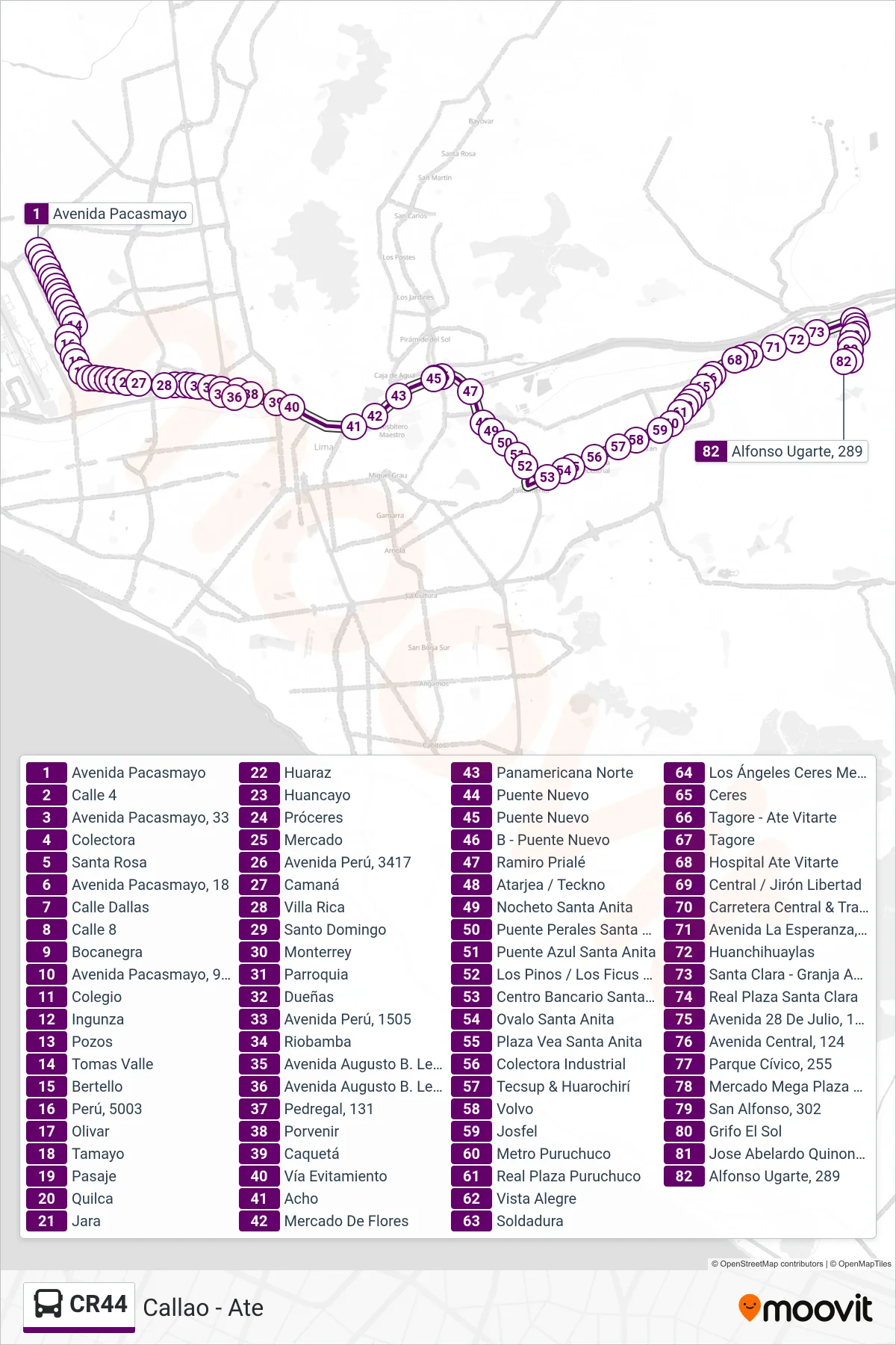 CR44 bus Line (Callao - Ate) route and stops on a map