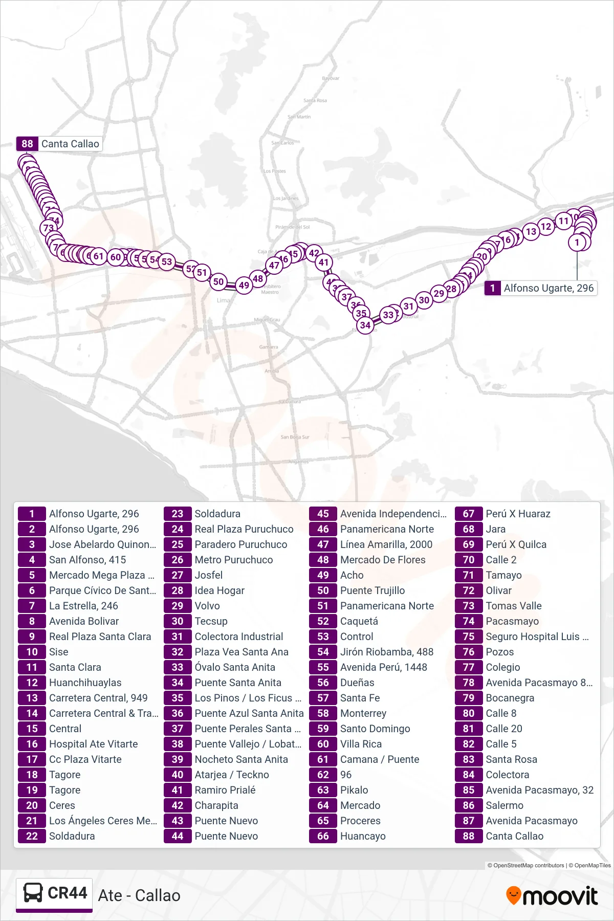 CR44 bus Line (Ate - Callao) route and stops on a map
