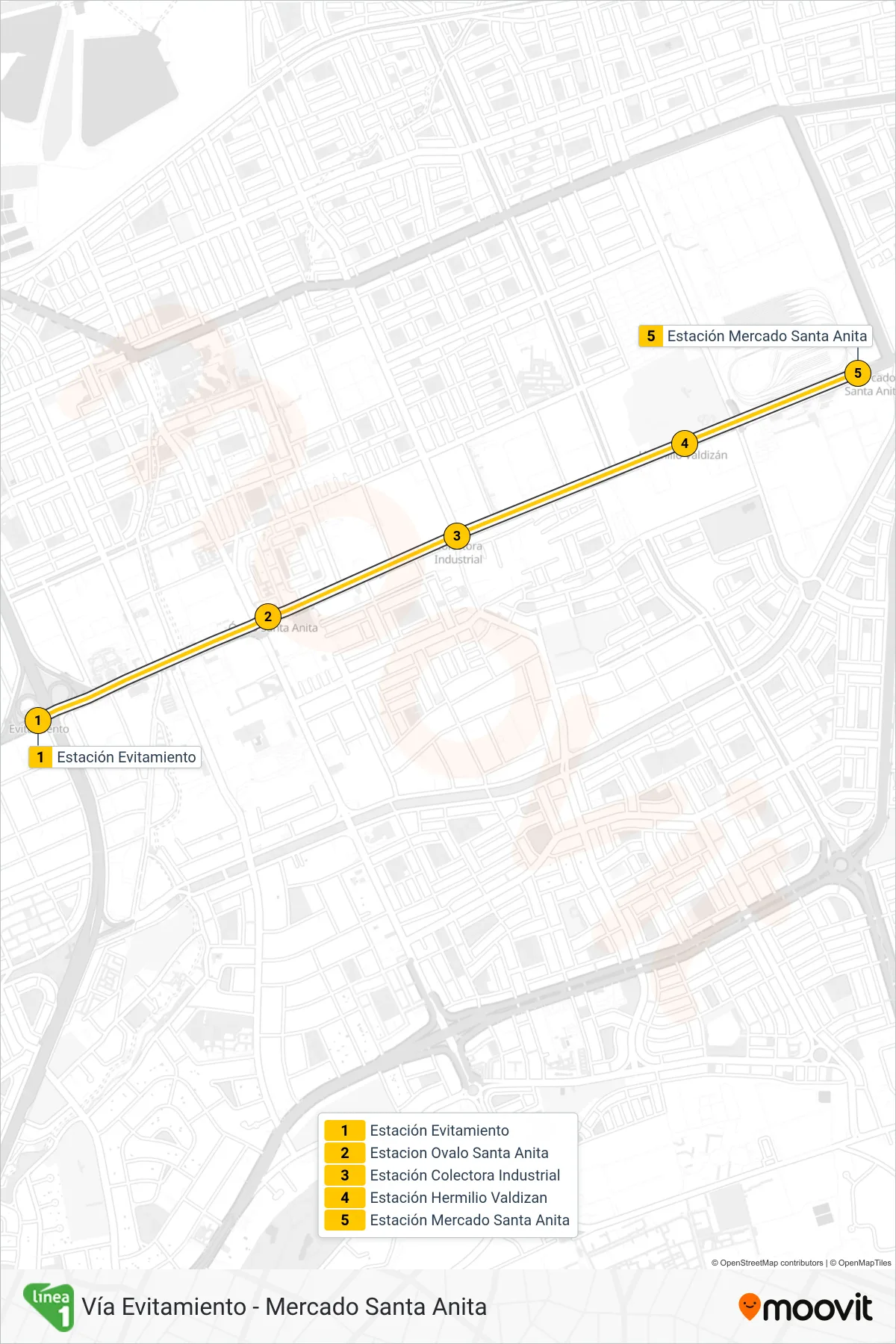 LINEA 2 metro Line (Vía Evitamiento - Mercado Santa Anita) route and stops on a map