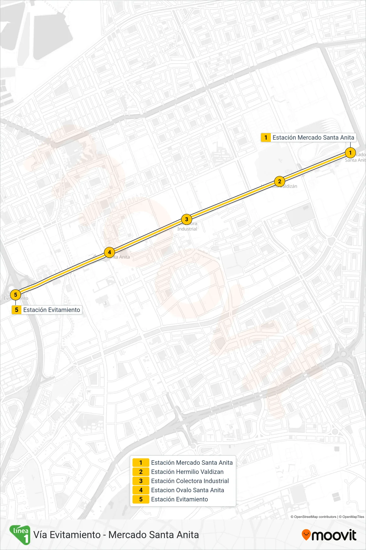 LINEA 2 subway Line (Mercado Santa Anita - Vía Evitamiento) route and stops on a map