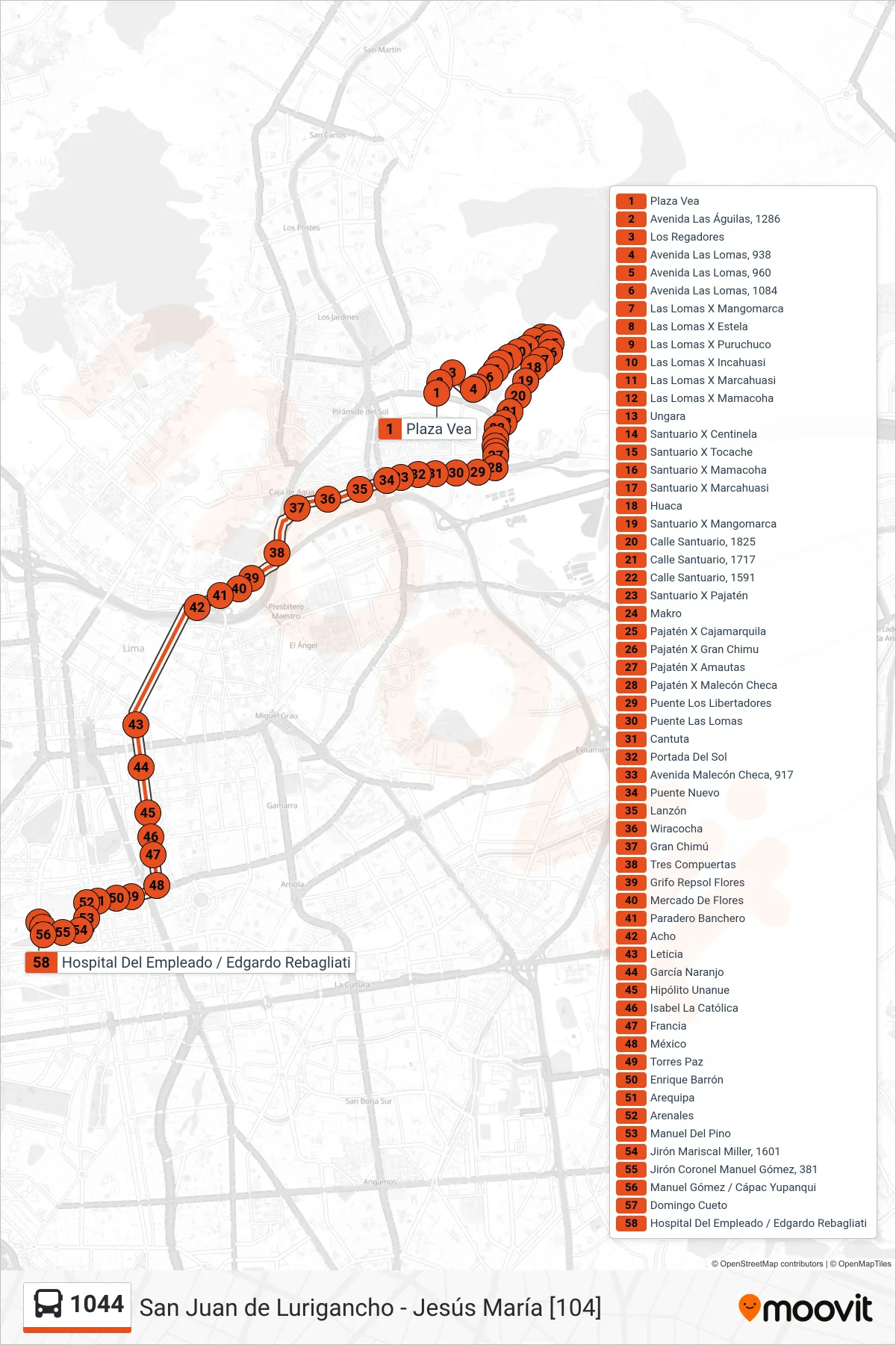 1044 bus Line (Mangomarca (San Juan De Lurigancho) - Hospital Rebagliati (Jesús Maria)) route and stops on a map