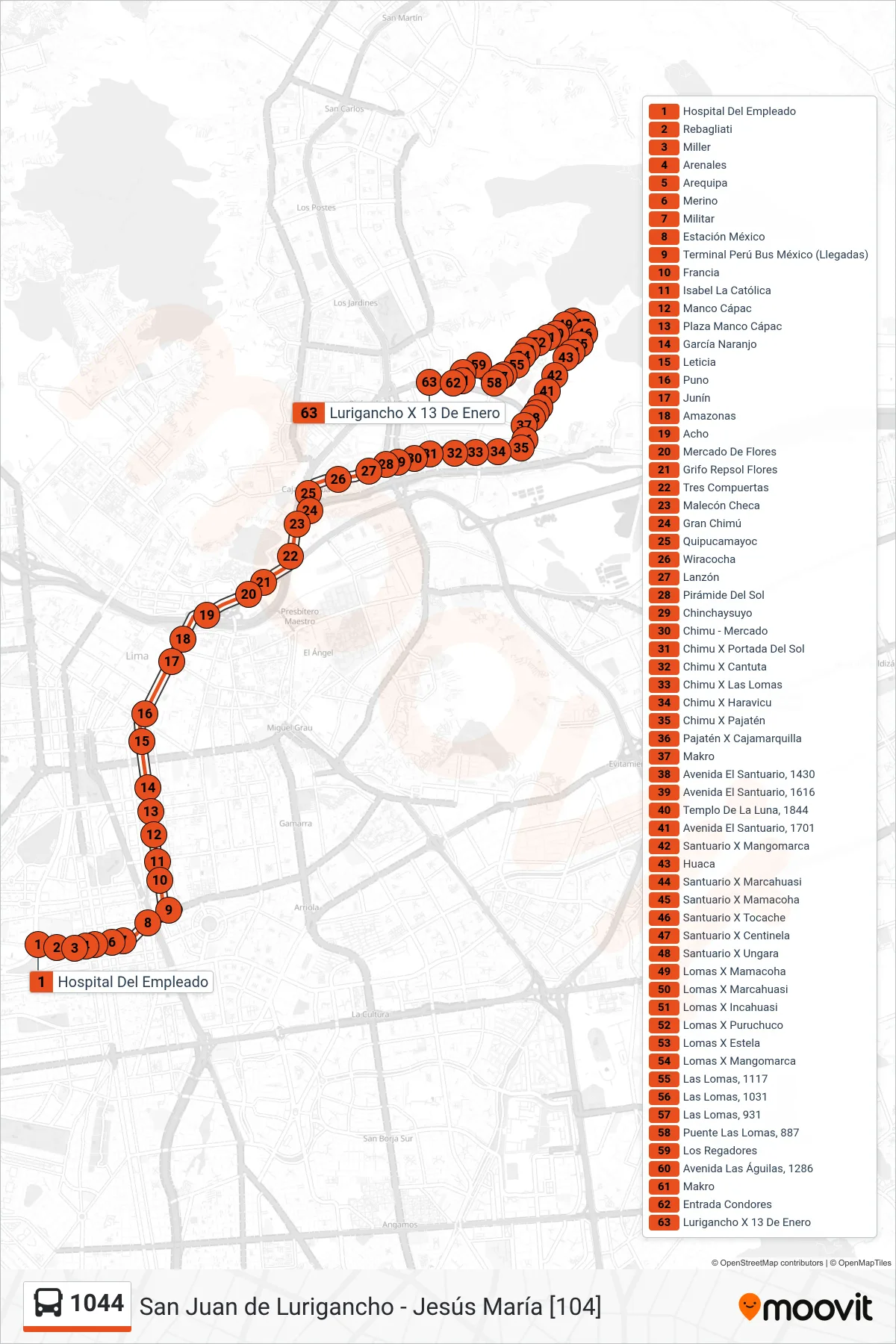 1044 bus Line (Hospital Rebagliati (Jesús Maria) - Mangomarca (San Juan De Lurigancho)) route and stops on a map
