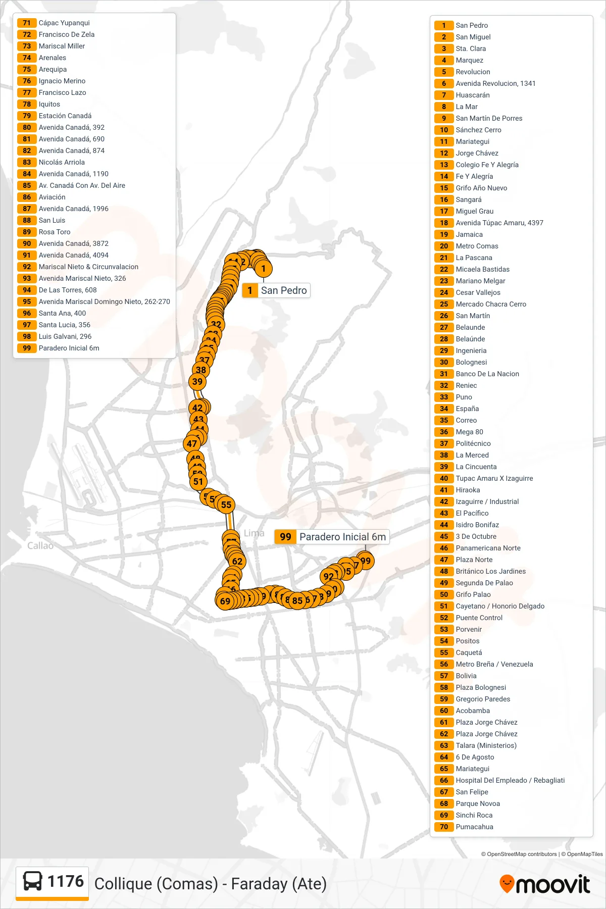 1176 bus Line (Collique (Comas) - Faraday (Ate)) route and stops on a map