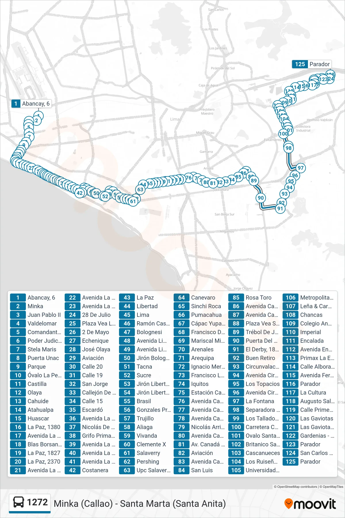 1272 bus Line (Minka (Callao) - Santa Marta (Santa Anita)) route and stops on a map