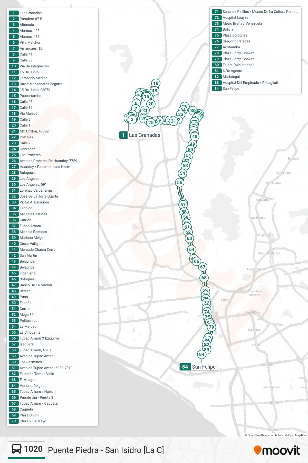 1020 bus Line (Pte. Piedra - San Isidro) route and stops on a map