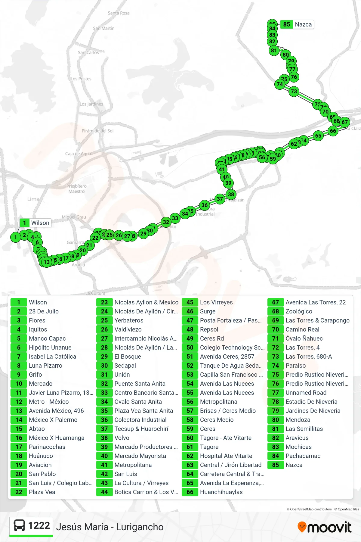 1222 bus Line (Jesús María - Lurigancho) route and stops on a map