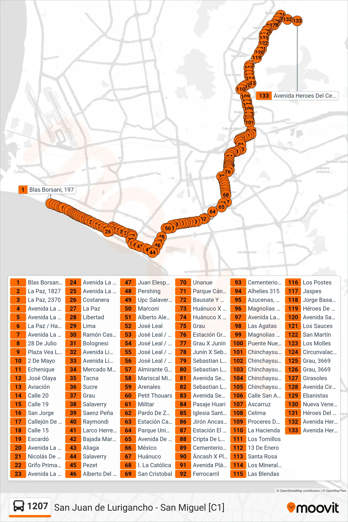 1207 bus Line (La Paz (San Miguel) - Santa María (San Juan De Lurigancho)) route and stops on a map