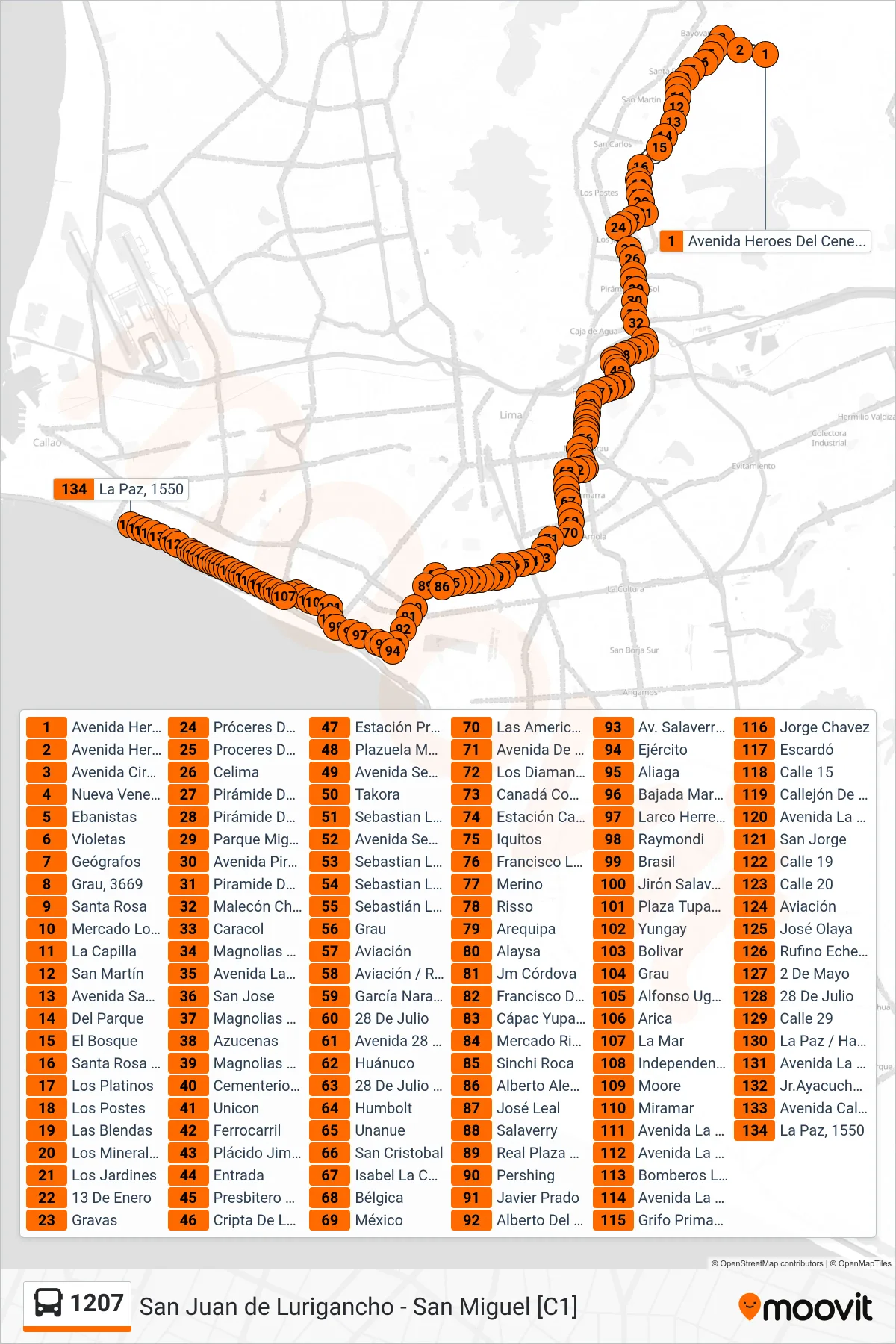 1207 bus Line (Santa María (San Juan De Lurigancho) - La Paz (San Miguel)) route and stops on a map