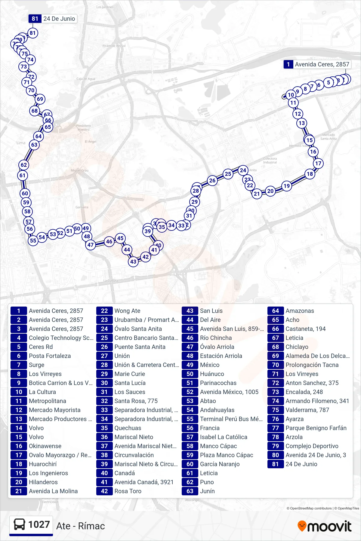 1027 bus Line (Ate - Rímac) route and stops on a map