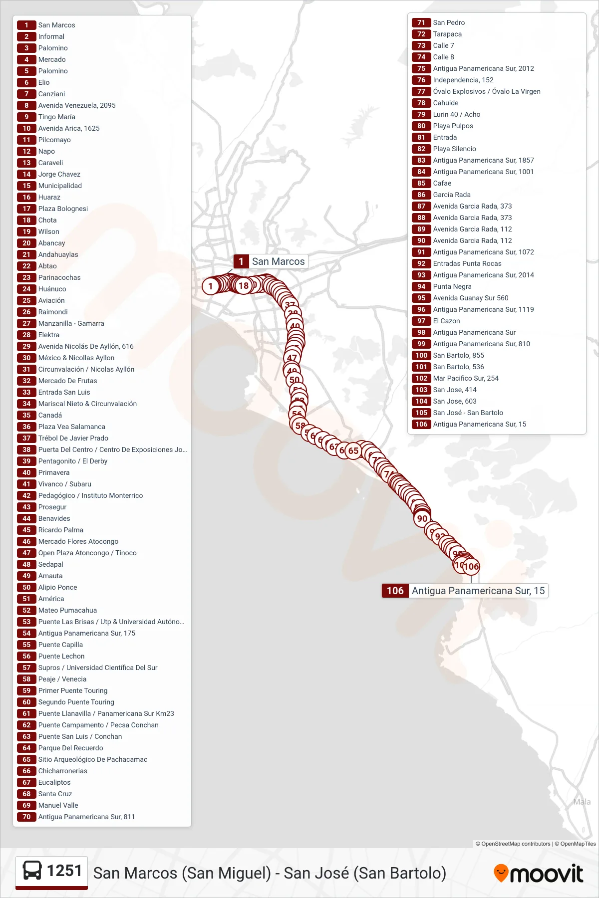 1251 bus Line (San Marcos (San Miguel) - San José (San Bartolo)) route and stops on a map