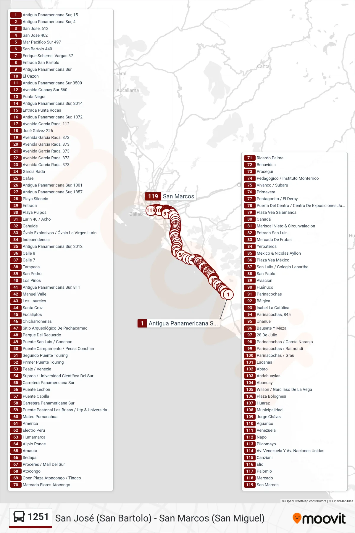 1251 bus Line (San José (San Bartolo) - San Marcos (San Miguel)) route and stops on a map