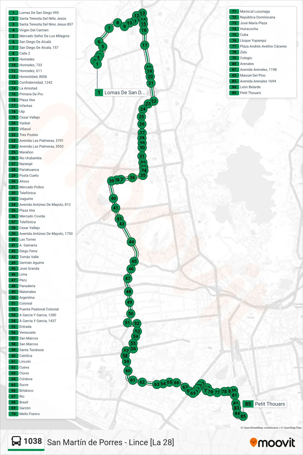 1038 bus Line (Petit Thouars (Lince)) route and stops on a map