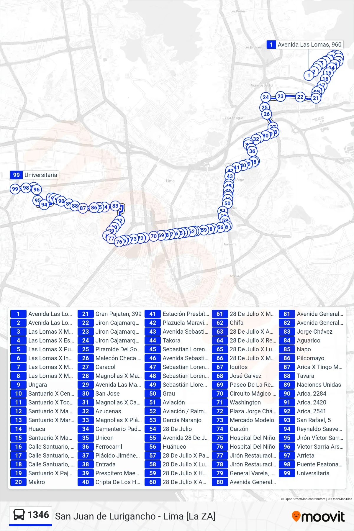 1346 bus Line (S.J.L. - Lima) route and stops on a map