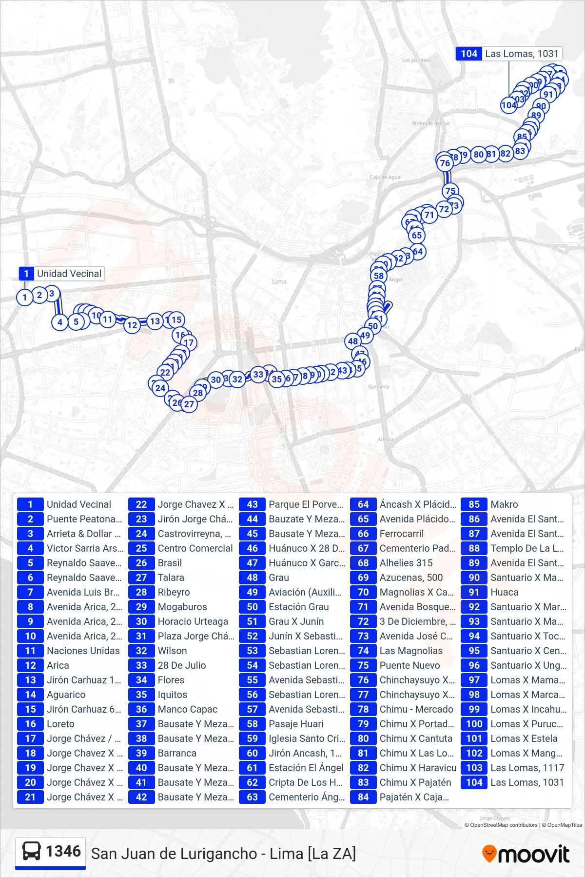 1346 bus Line (Lima - S.JL) route and stops on a map