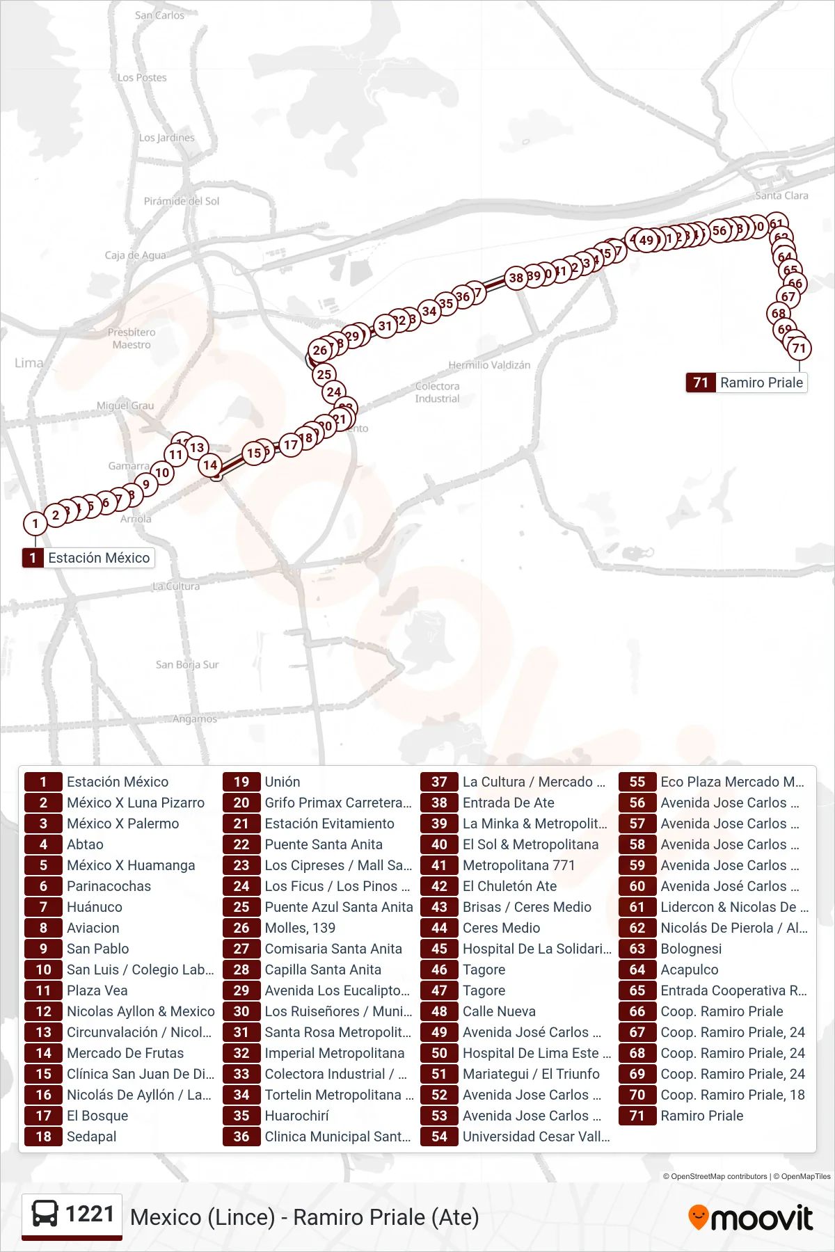 1221 bus Line (Mexico (Lince) - Ramiro Priale (Ate)) route and stops on a map