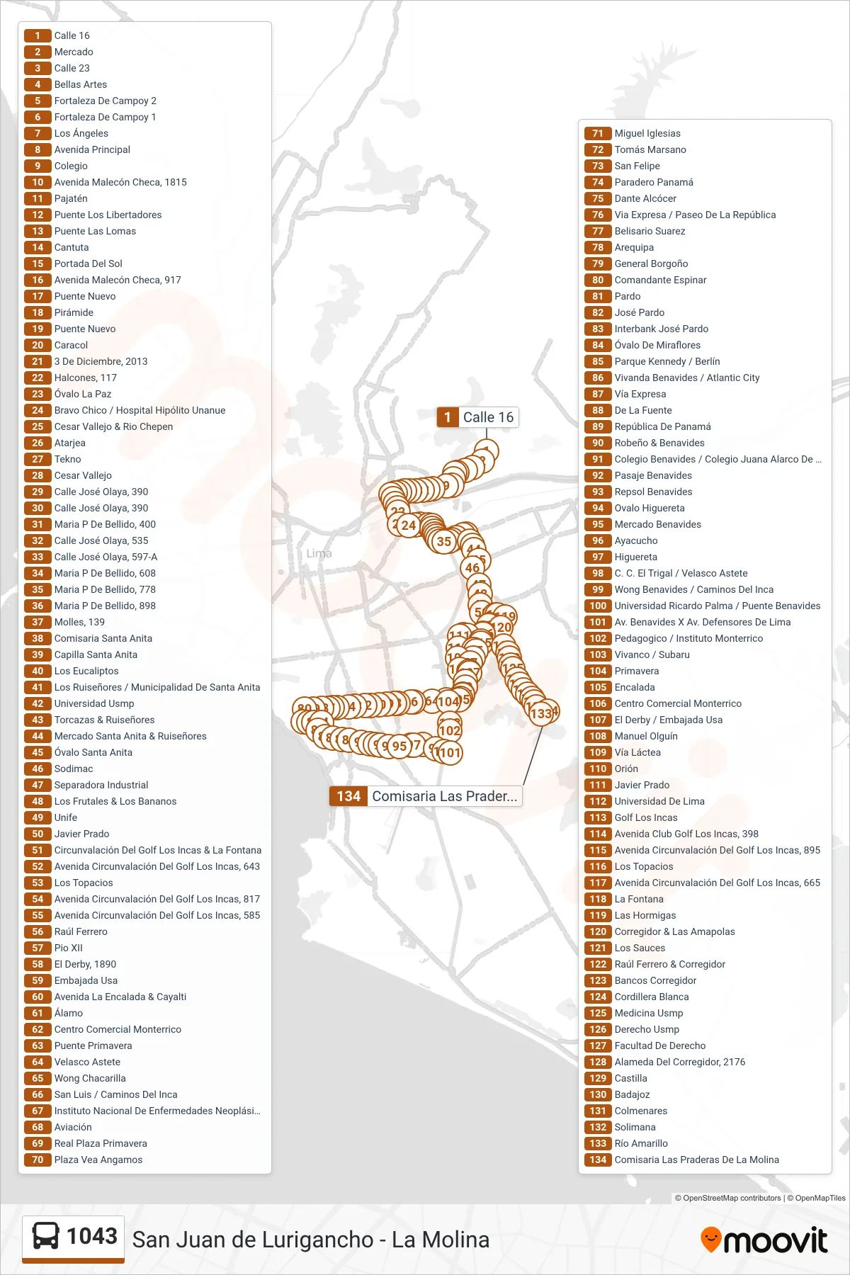 1043 bus Line (S.J.L. - La Molina) route and stops on a map