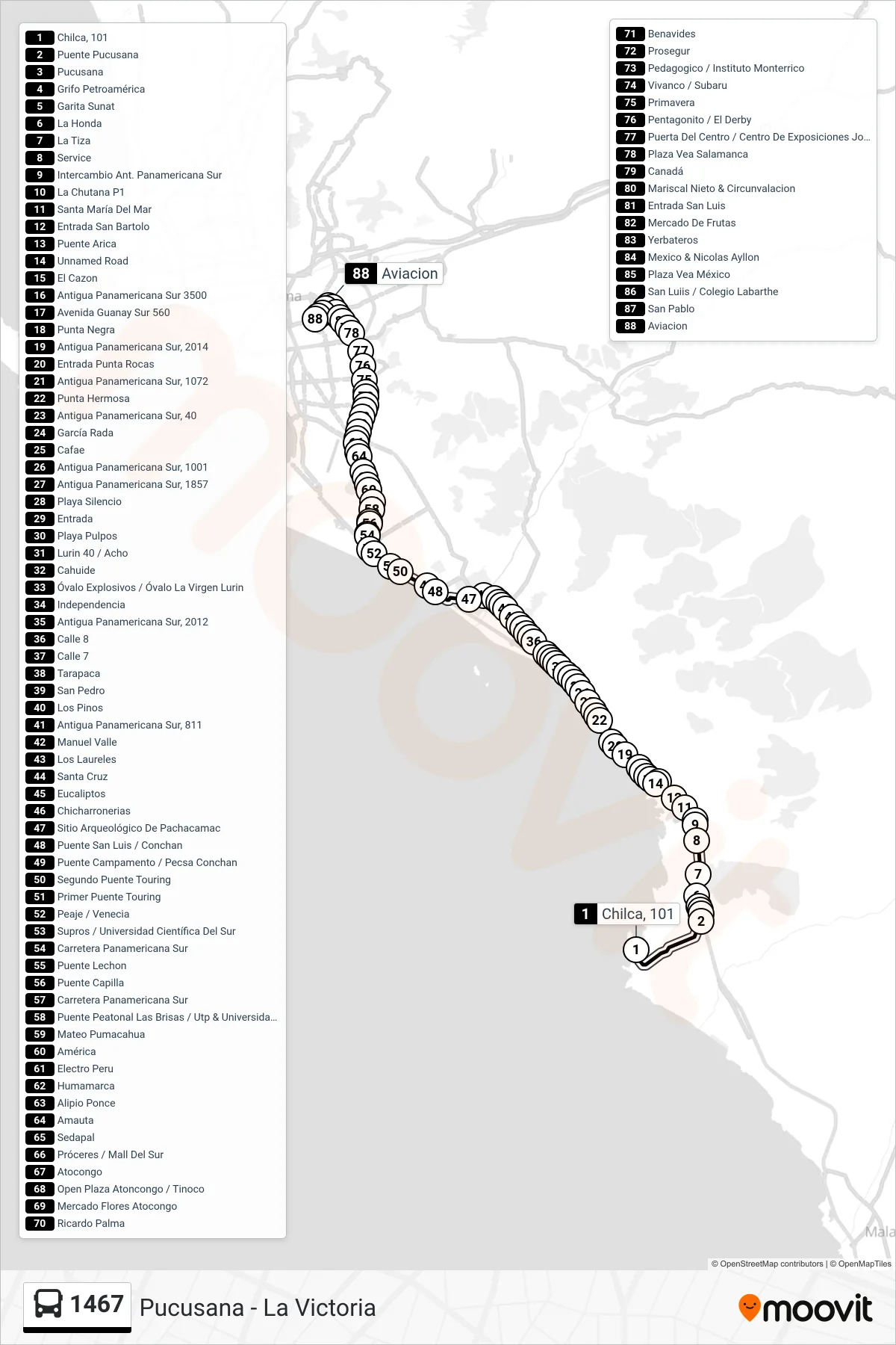 1467 bus Line (Pucusana - La Victoria) route and stops on a map