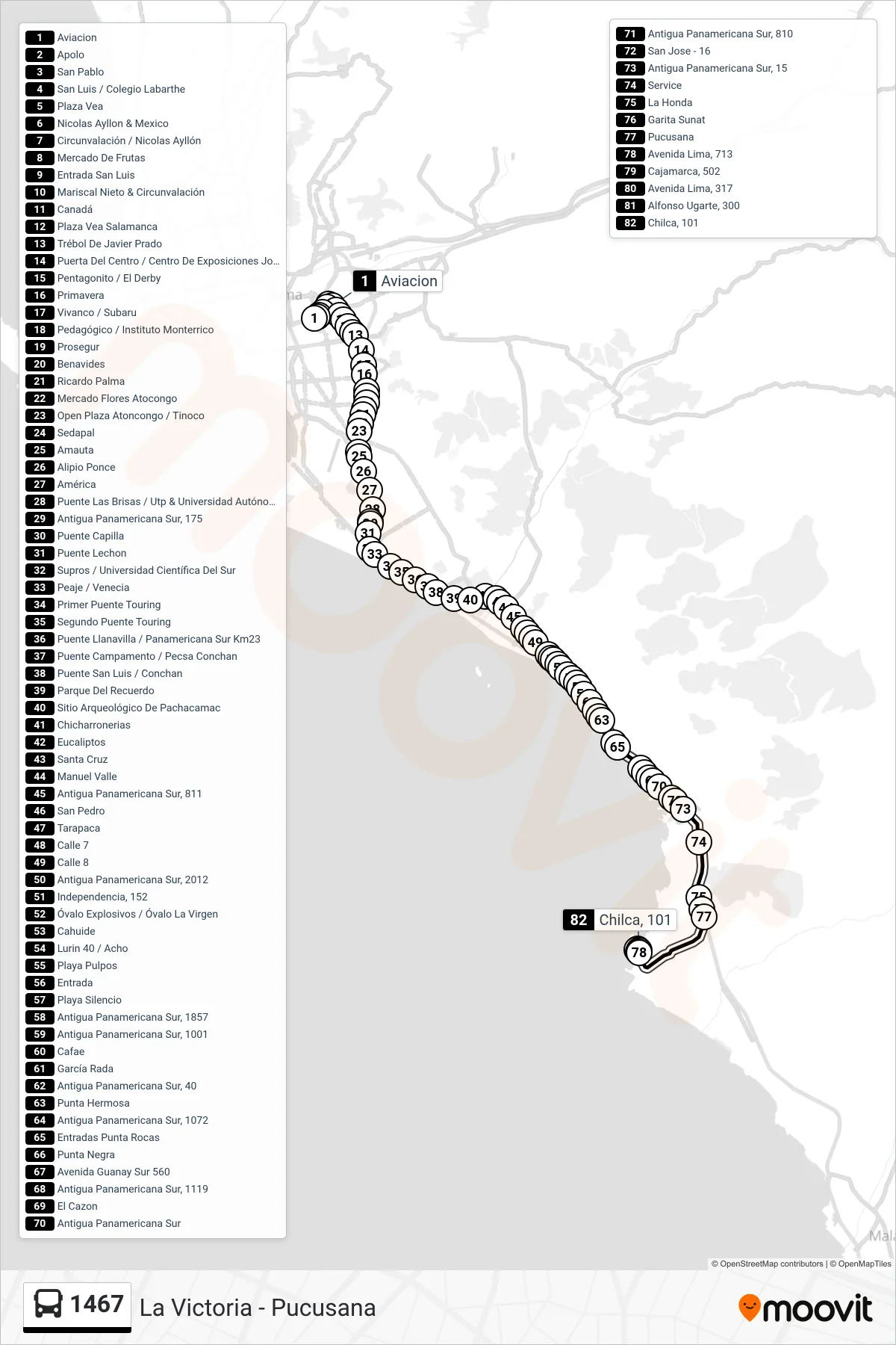 1467 bus Line (La Victoria - Pucusana) route and stops on a map