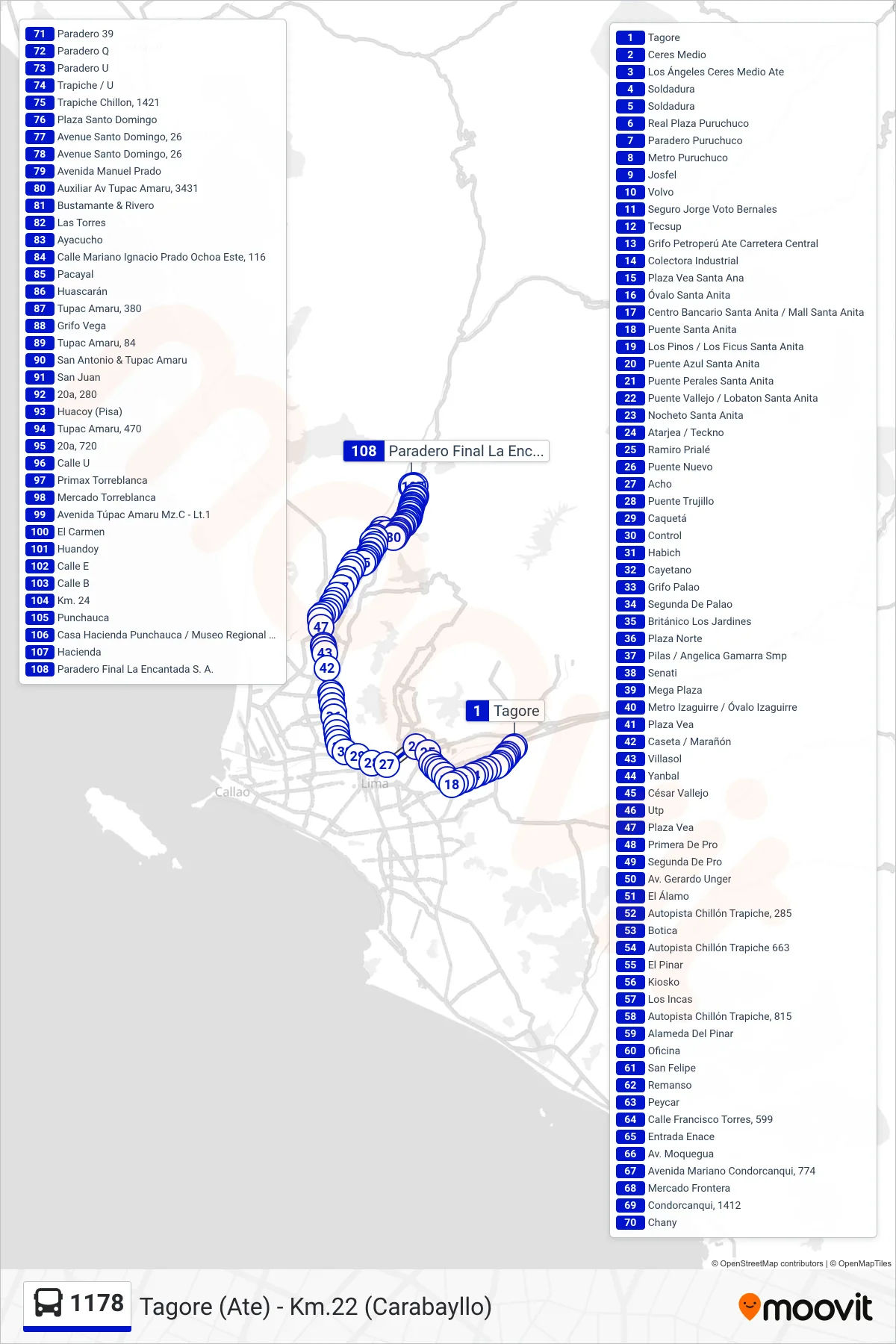 1178 bus Line (Tagore (Ate) - Km.22 (Carabayllo)) route and stops on a map